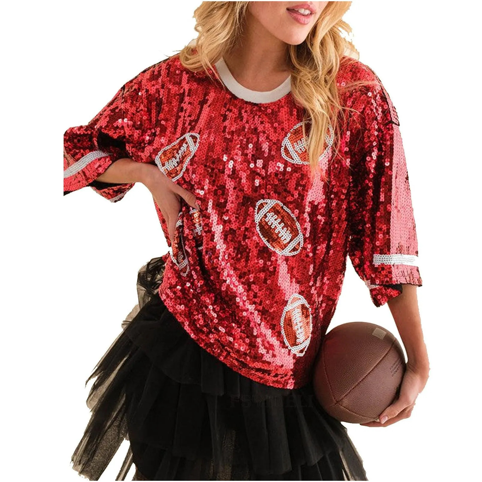 womens t shirts heavy industrial sequin loose t-shirt womens round neck half sleeved top