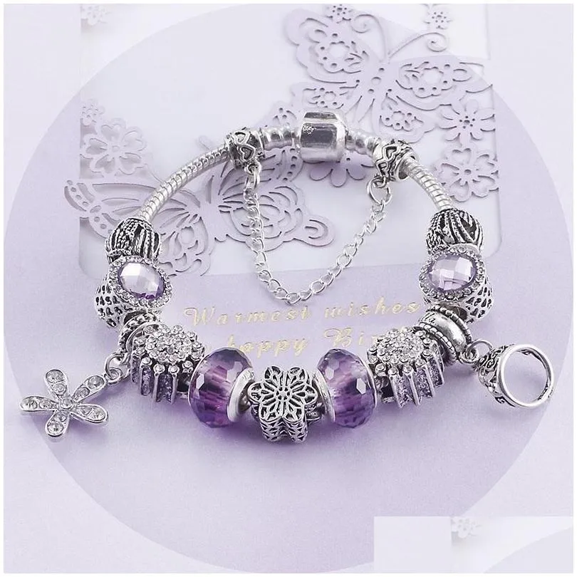  mixed style charm bracelet 925 silver bracelets for women vintga bracelet purple crystal beads diy fashion jewelry for christmas