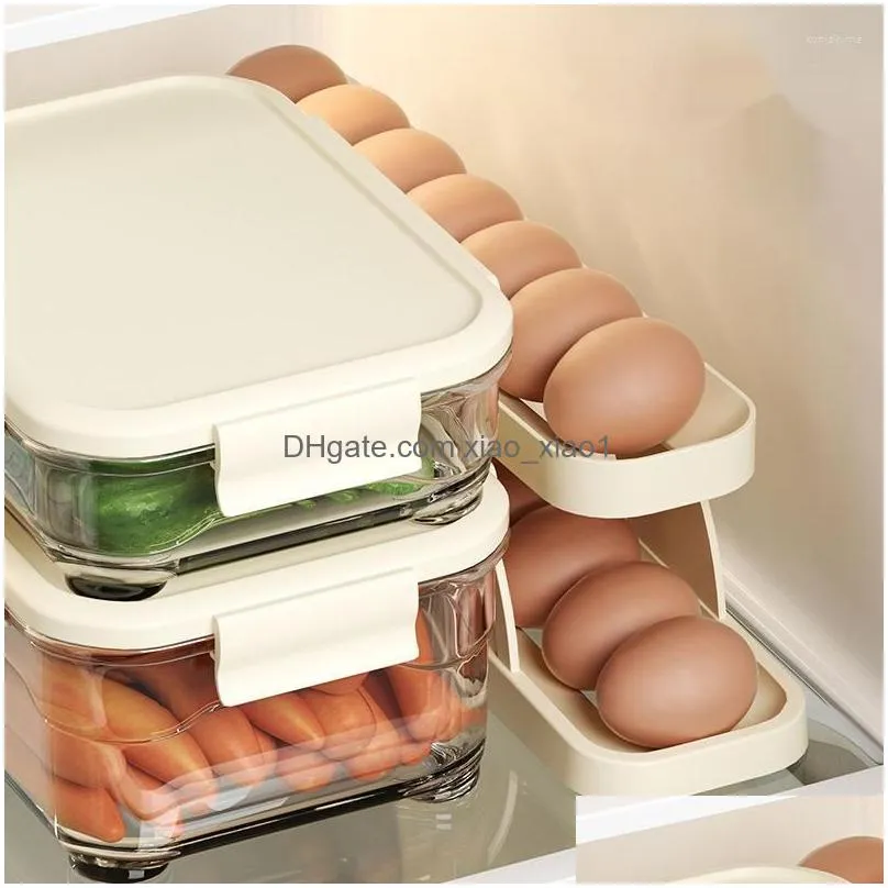storage bottles egg box automatic rolling kitchen refrigerator organizer transparent container plastic holder tray