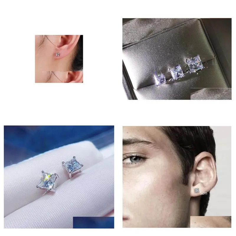 8mm 10mm women men unisex square cz diamond sterling silver s925 wedding post earrings cz size 2carat 4carat for boys girls