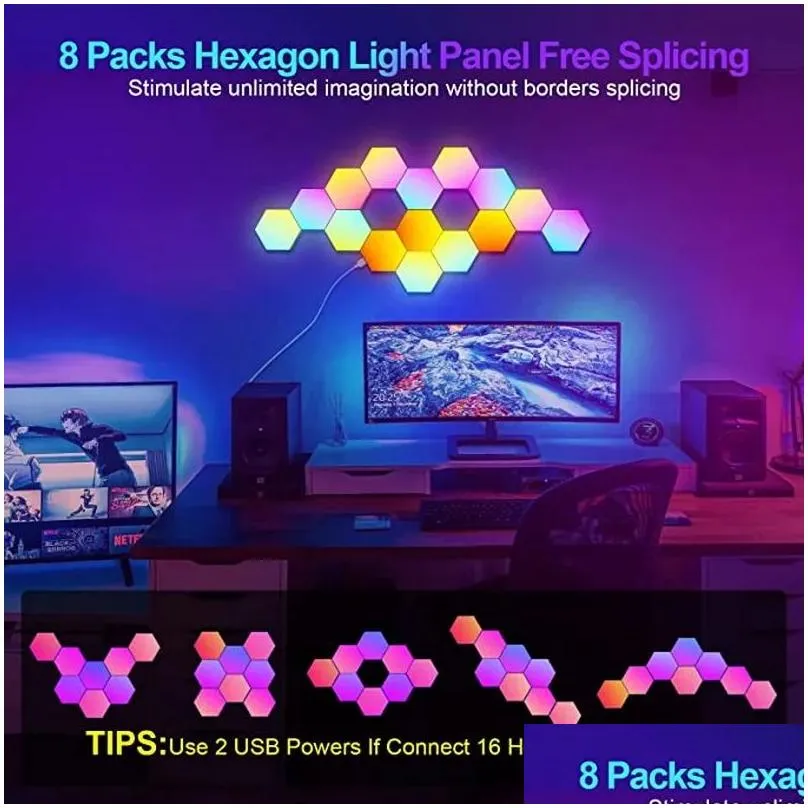 10pcs app remote control rgb led hexagonal indoor wall lamp night light computer game room