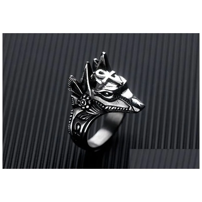 stainless steel mens retro domineering anubis egyptian cross ring game peripheral jackal head rings jewelry