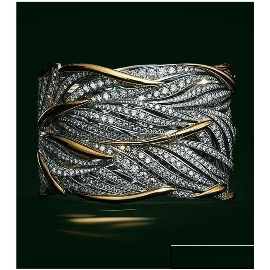 gold two tone diamond ring crystal leaf wrap rings fashion jewelry women band 080514