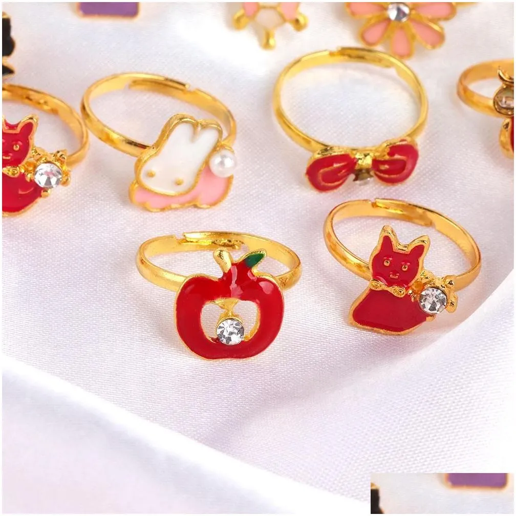 10/20/36 pcs cute finger rings enamel open adjustable wholesale colorful heart flower animal pretend play makeup toys cartoon crystal jewelry for kids girls