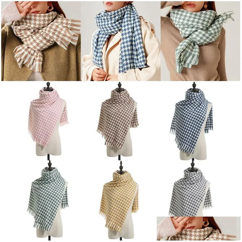 classic stylish long houndstooth scarves with tassel winter thick warm imitation cashmere plaid scarf soft vintage blanket shawl
