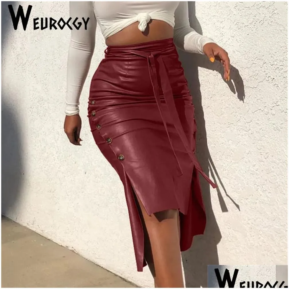 fashion women solid color high waist pu leather midi skirt lace up side button slim skinny pencil for ladies streetwear 231005
