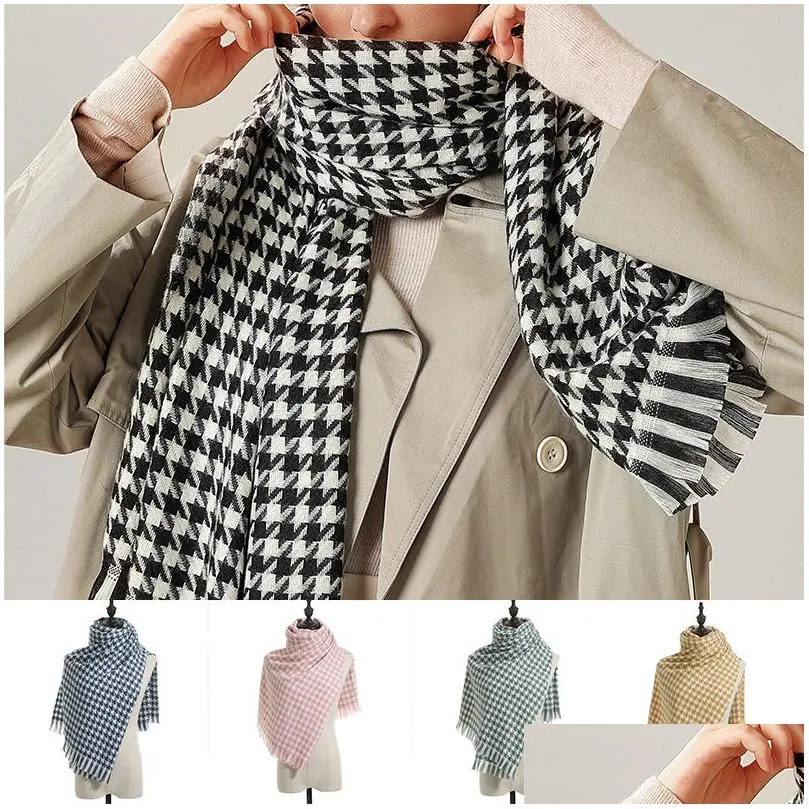 classic stylish long houndstooth scarves with tassel winter thick warm imitation cashmere plaid scarf soft vintage blanket shawl