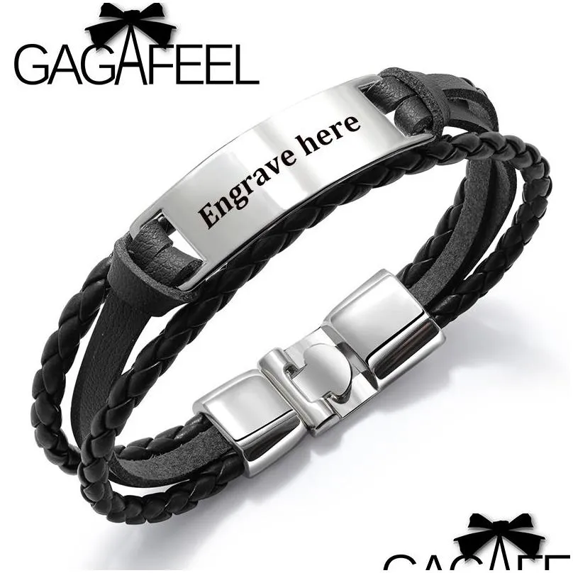 gagafeel 4 colors custom engrave bangle for men punk multilayer bracelet stainless steel pu leather bangle special gift for male