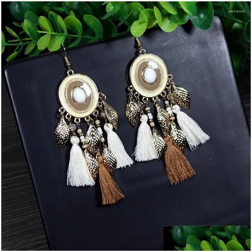 dangle earrings bohemian ethnic long metal leaf rice bead tassel oval drop glaze handmade earring female vacation party jewelry