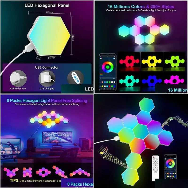 10pcs app remote control rgb led hexagonal indoor wall lamp night light computer game room