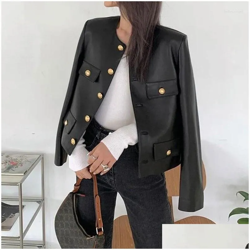 women`s leather genuine jacket for autumn and winter button large pocket casual style round neck sheepskin top