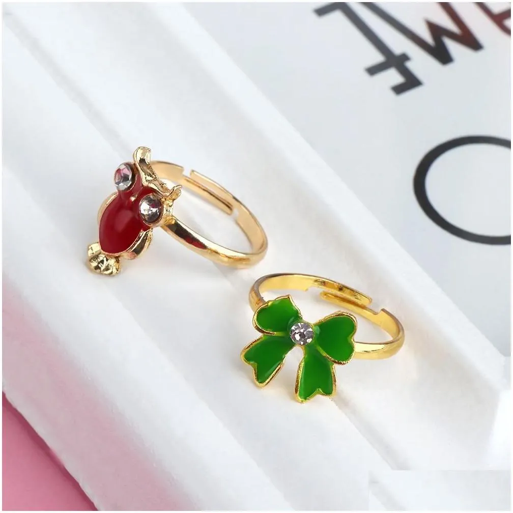 10/20/36 pcs cute finger rings enamel open adjustable wholesale colorful heart flower animal pretend play makeup toys cartoon crystal jewelry for kids girls