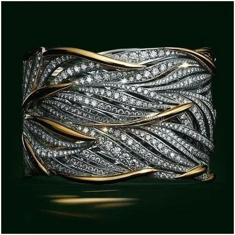 gold two tone diamond ring crystal leaf wrap rings fashion jewelry women band 080514