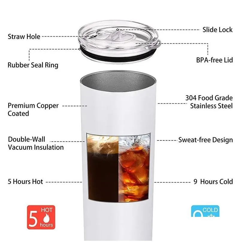 stocked 20oz sublimation tumblers straight slim blanks white car mugs insulated stainless steel with plastic lids straws car termos cups by dhs