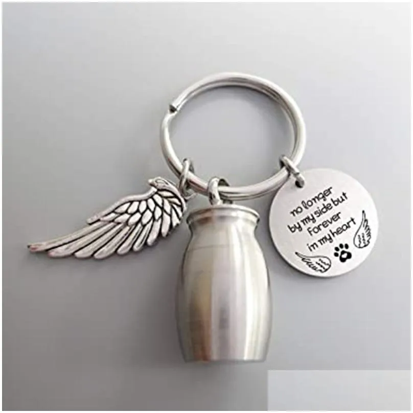 mini key rings cremation urn keychain with wing and round tags for memorial ashes holder keepsake dog cat pets human jewelry gift for women