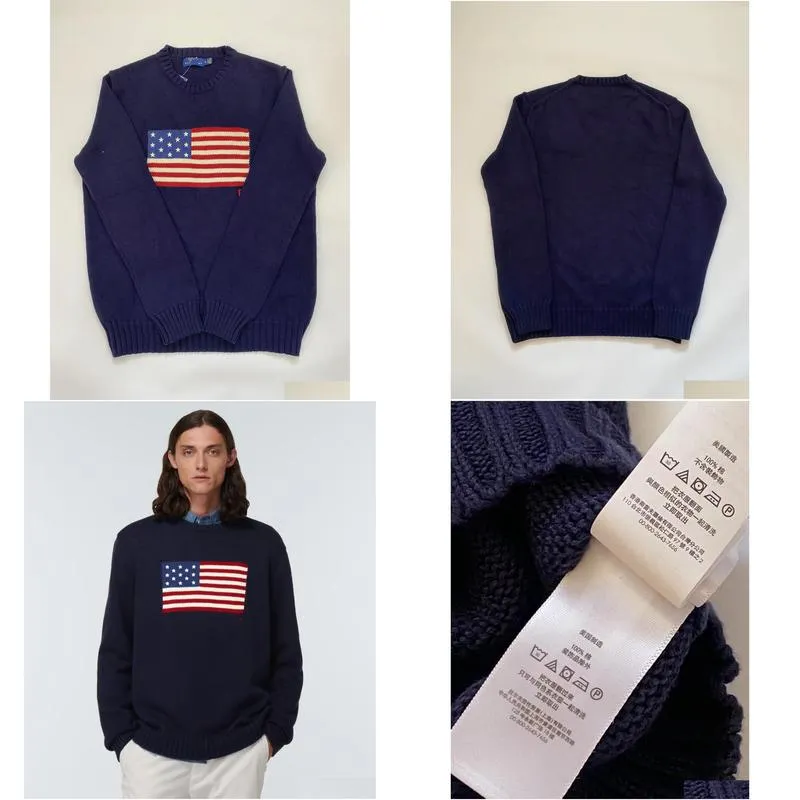 designer us mens knitting sweater polos 2023 winter navy blue flag of the united states round neck cotton loose retro fashion casual