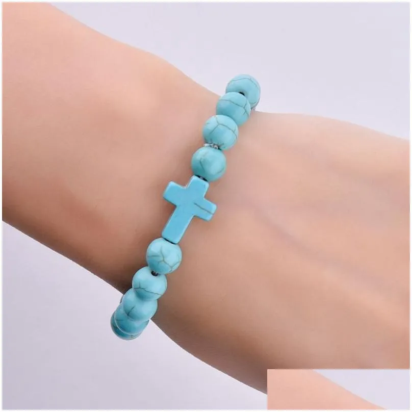 summer style cross charms beaded strand bracelets classic 8mm turquoise stone elastic friendship bracelet beach for women men jewelry