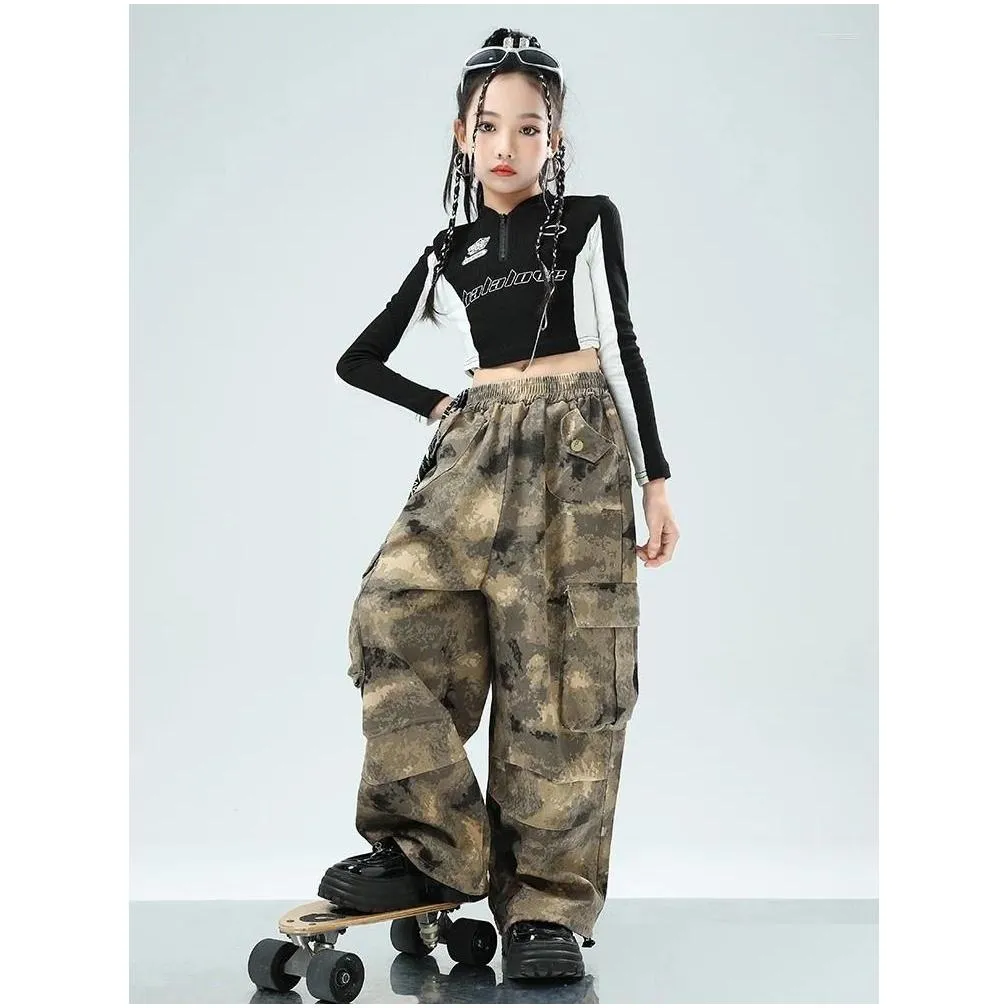 stage wear 2024 kids clothing black crop tops camouflage pants suit for girls jazz dance performance costumes hip hop streetwear