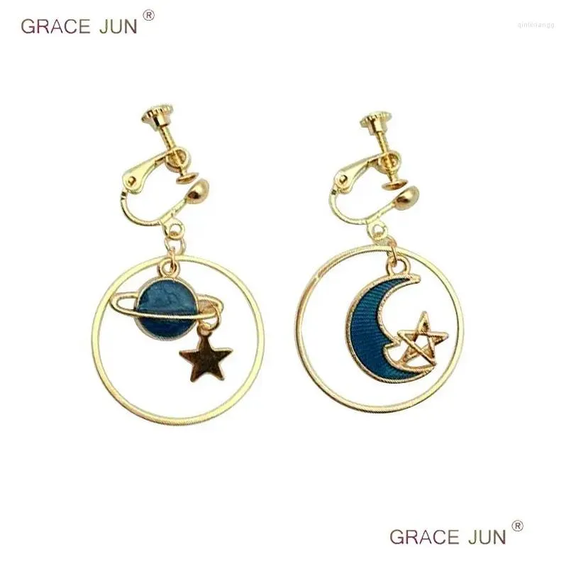 backs earrings high-grade gold color star moon circle clip on for women luxury fashion long chain enamel earth sky no pierced