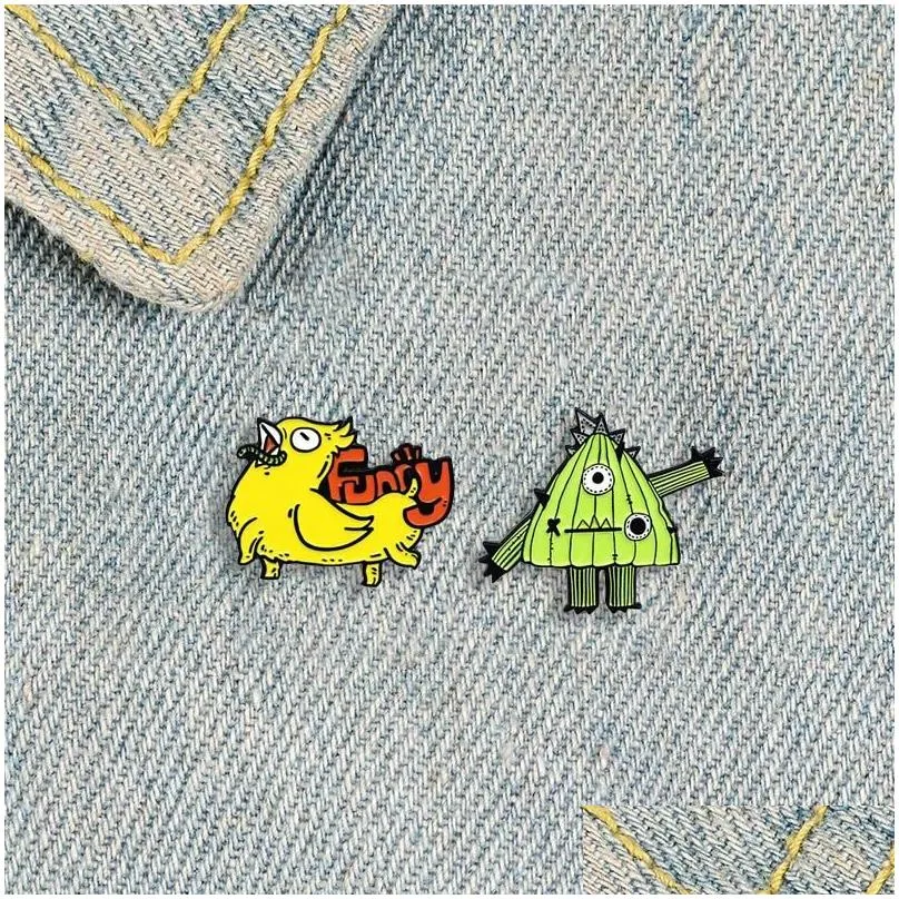 brooches xedz funny chicken metal enamel brooch one-eyed cactus unique fun lapel backpack animal plant jewelry accessories gift