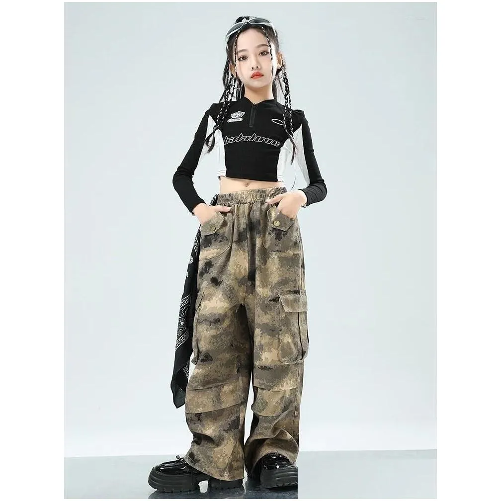 stage wear 2024 kids clothing black crop tops camouflage pants suit for girls jazz dance performance costumes hip hop streetwear