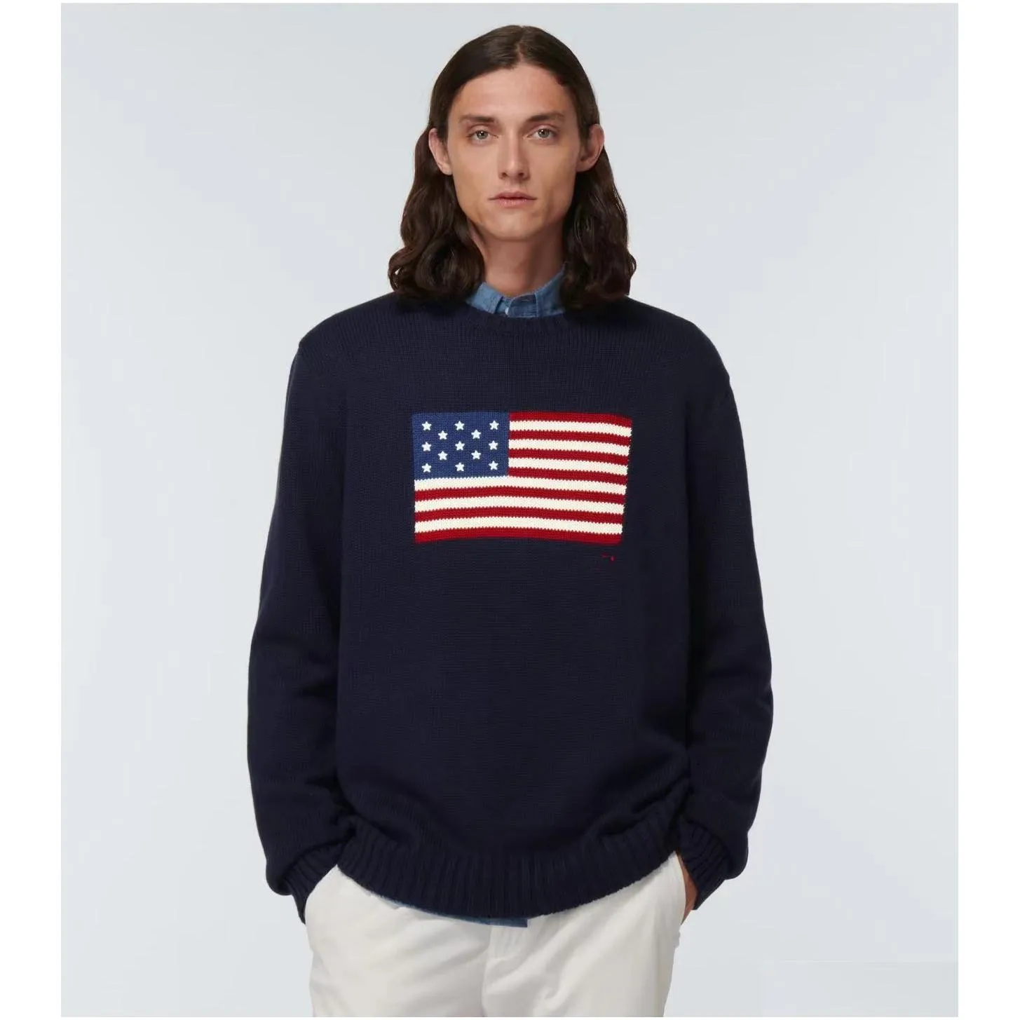 designer us mens knitting sweater polos 2023 winter navy blue flag of the united states round neck cotton loose retro fashion casual