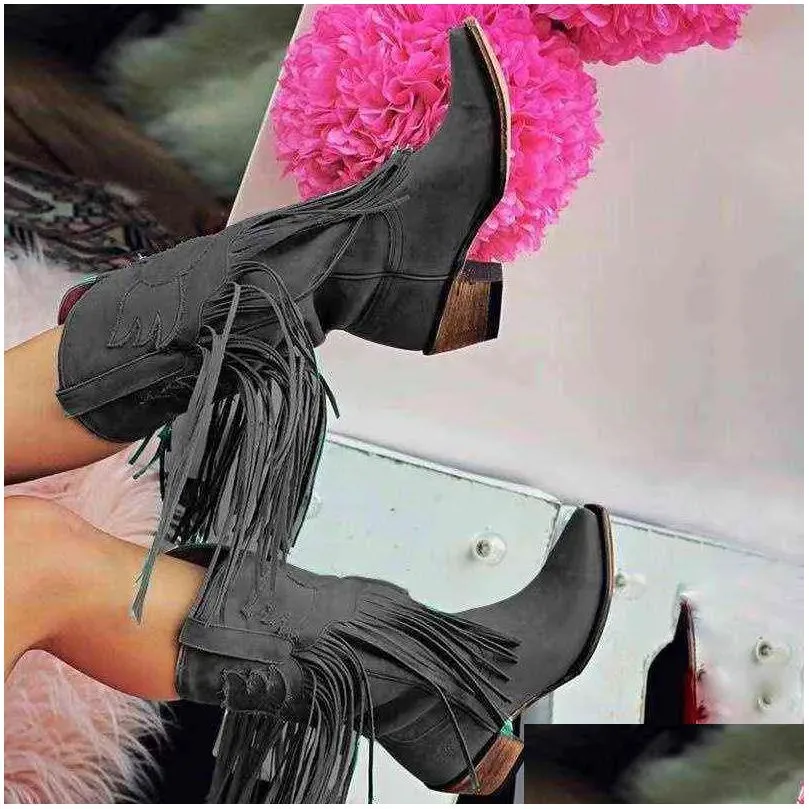 cowgirls  boots shoes for women fringe love pattern chunky heels punch shoe western slip on female j220805