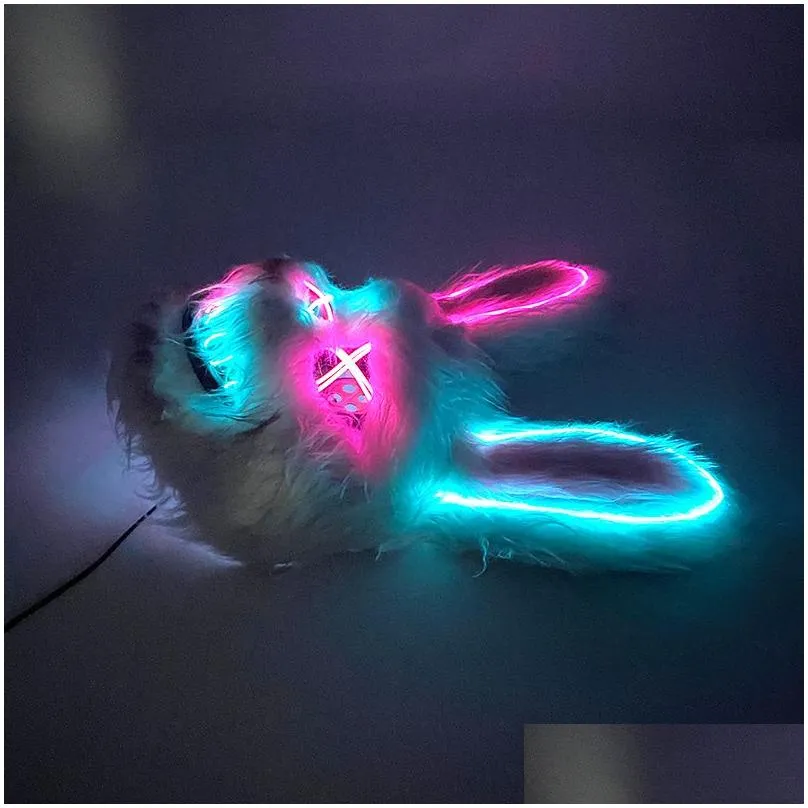 party masks design scary neon glowing party bloody rabbit cosplay bunny mask halloween carnival costume luminous props party led mask