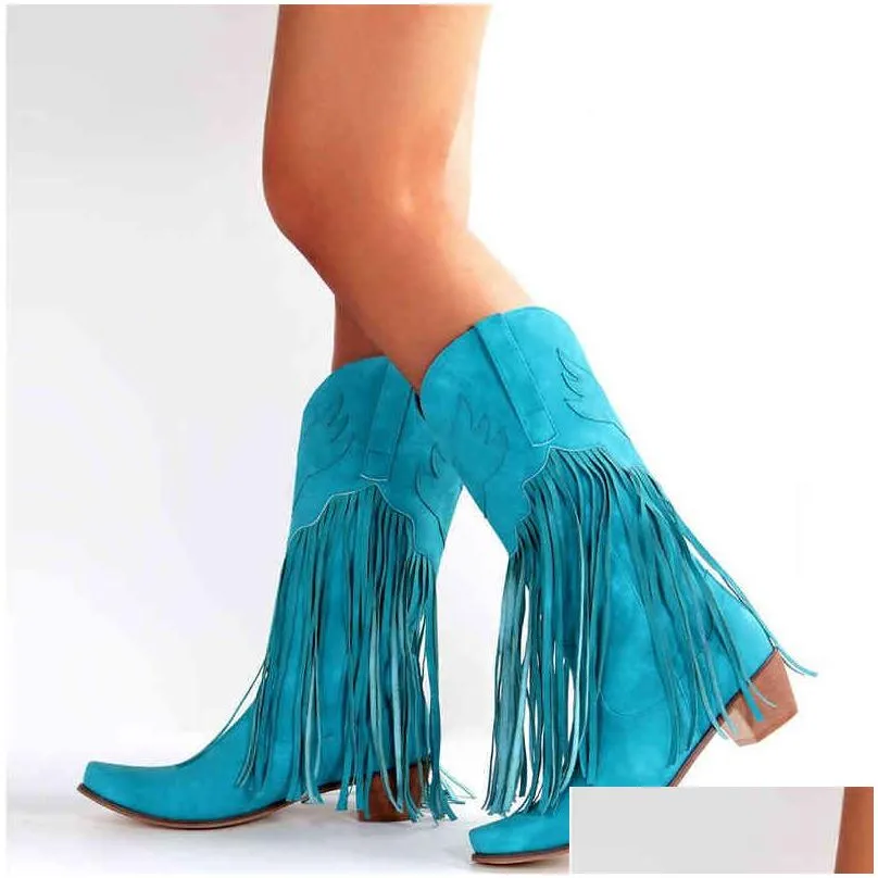 cowgirls  boots shoes for women fringe love pattern chunky heels punch shoe western slip on female j220805