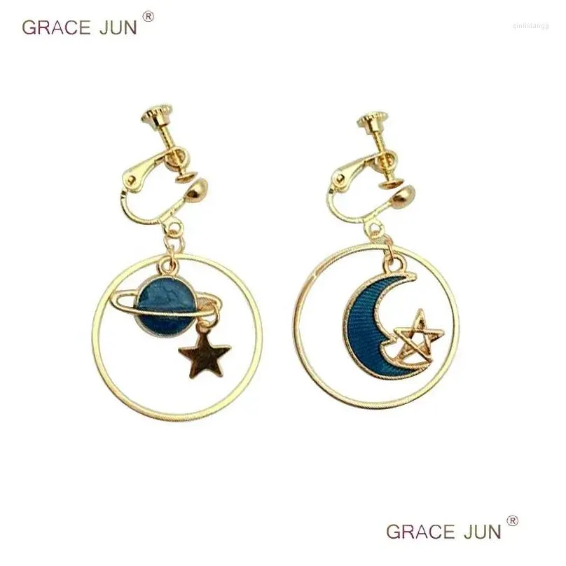 backs earrings high-grade gold color star moon circle clip on for women luxury fashion long chain enamel earth sky no pierced