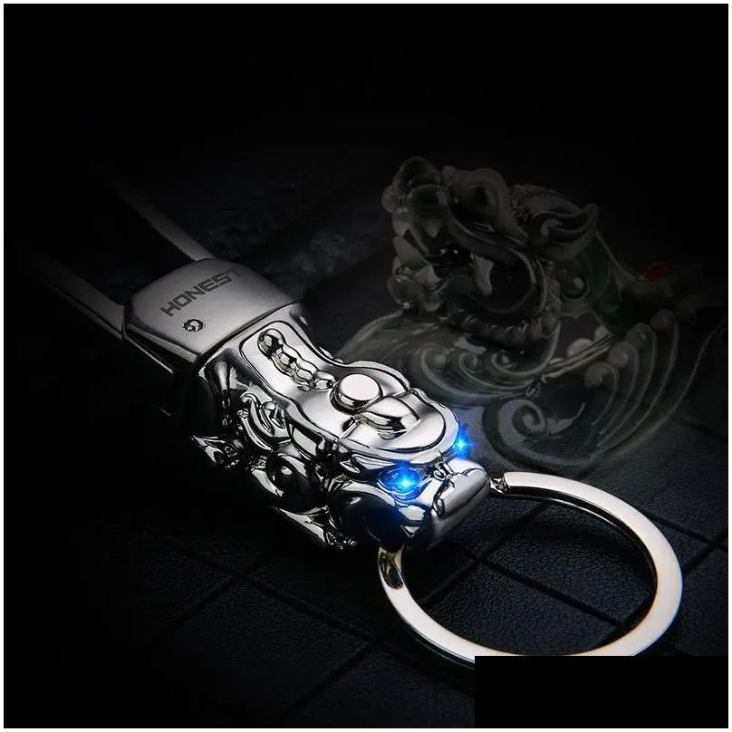 luxury brave troops car key chain prosperous fortune cowhide leather rope metal keyring lucky buckle gift auto key pendant gold