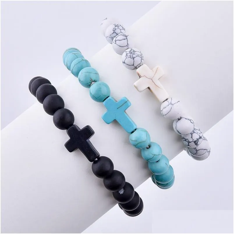 summer style cross charms beaded strand bracelets classic 8mm turquoise stone elastic friendship bracelet beach for women men jewelry