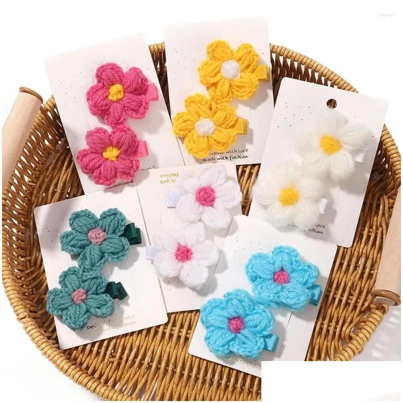 hair accessories 6pcs/set baby girls wool knitting headwear handmade crochet small puff flower safe hairs clips children hairpins