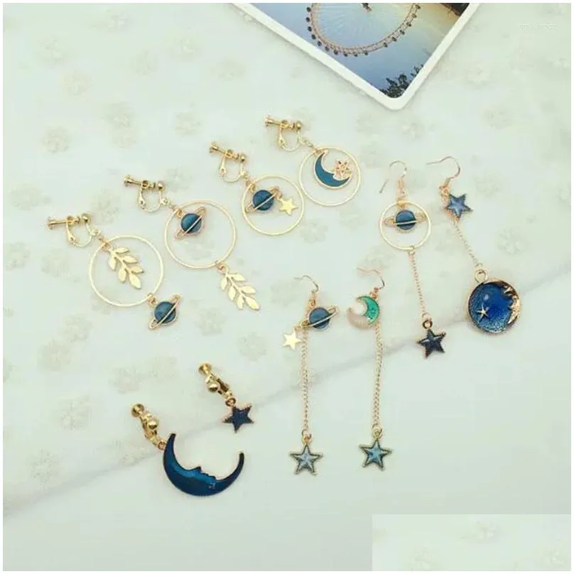 backs earrings high-grade gold color star moon circle clip on for women luxury fashion long chain enamel earth sky no pierced