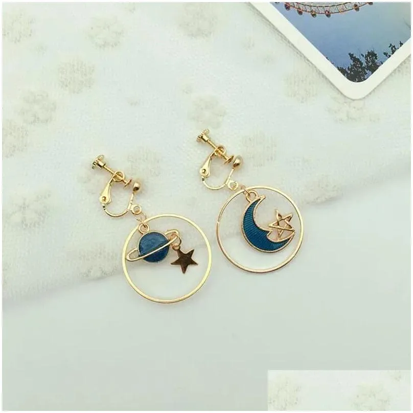 backs earrings high-grade gold color star moon circle clip on for women luxury fashion long chain enamel earth sky no pierced