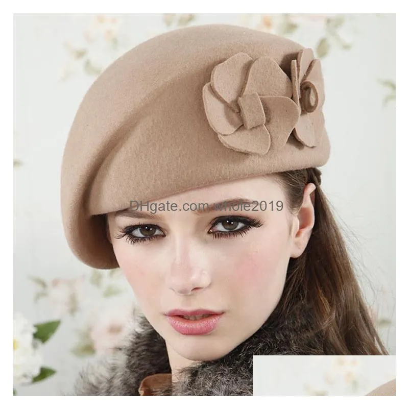 beanieskull caps fashion women beret hat for beanie female cap flower french trilby wool soft stewardess planas 230211