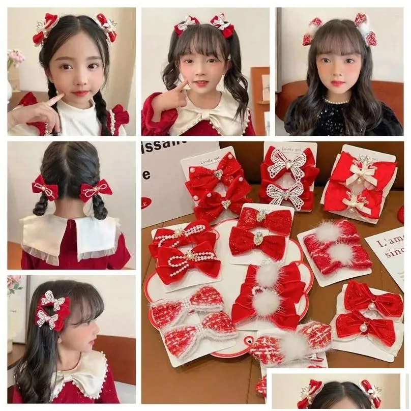 hair accessories chinese year red bow hairpin girl children`s plush bowknot clip headwear hanfu headdress