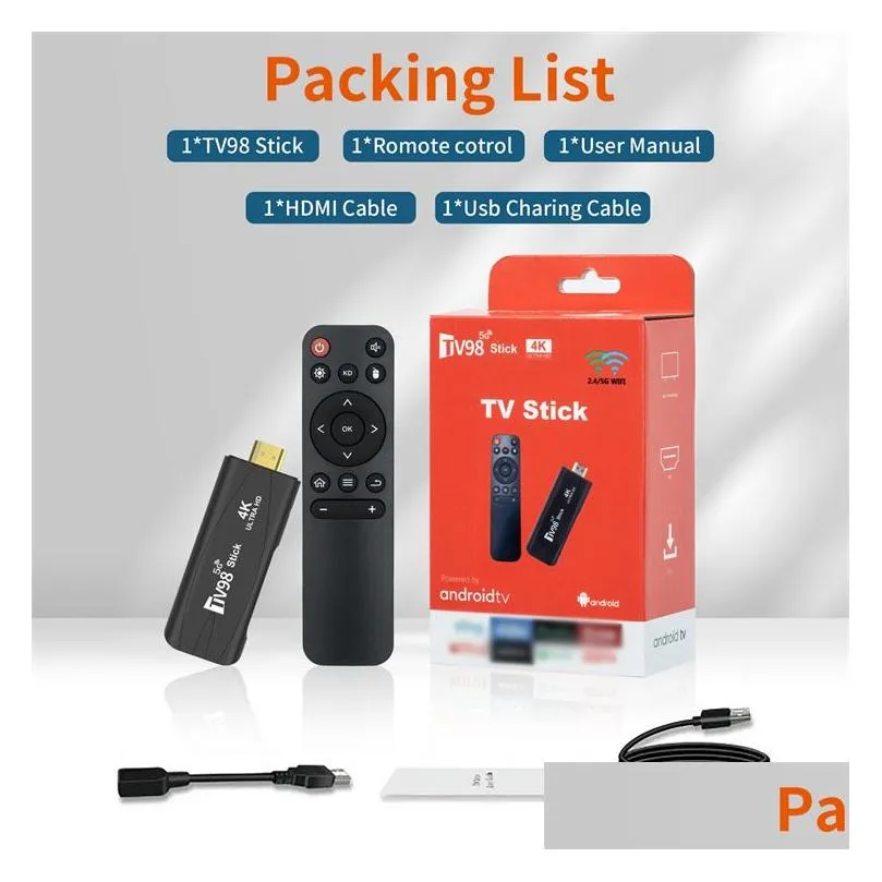 tv98 tv stick 4k smart 2.4g 5g wifi android tv box 12.1 rockchip 3228a hdr set top os hd 3d portable media player