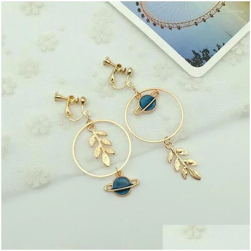 backs earrings high-grade gold color star moon circle clip on for women luxury fashion long chain enamel earth sky no pierced