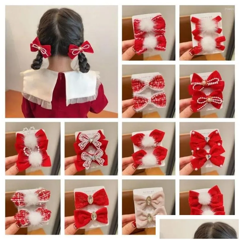 hair accessories chinese year red bow hairpin girl children`s plush bowknot clip headwear hanfu headdress