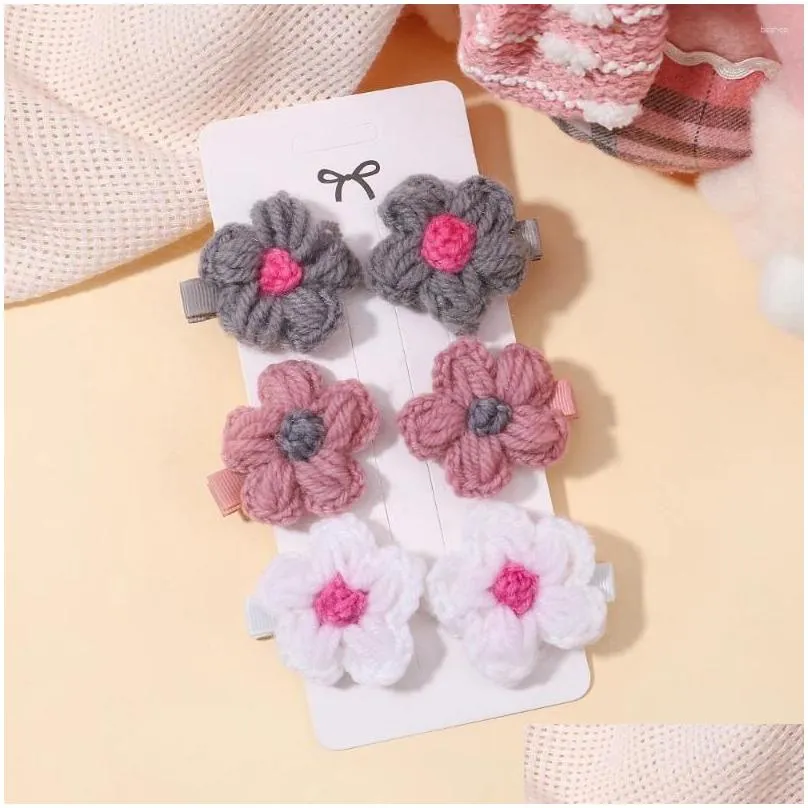 hair accessories 6pcs/set baby girls wool knitting headwear handmade crochet small puff flower safe hairs clips children hairpins