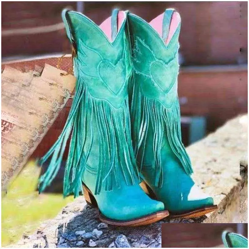 cowgirls  boots shoes for women fringe love pattern chunky heels punch shoe western slip on female j220805