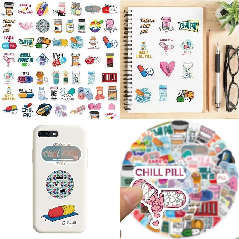 52pcs chill pill stickers non-random for car bike luggage graffiti sticker laptop skateboard motor water bottle snowboard wall decals kids