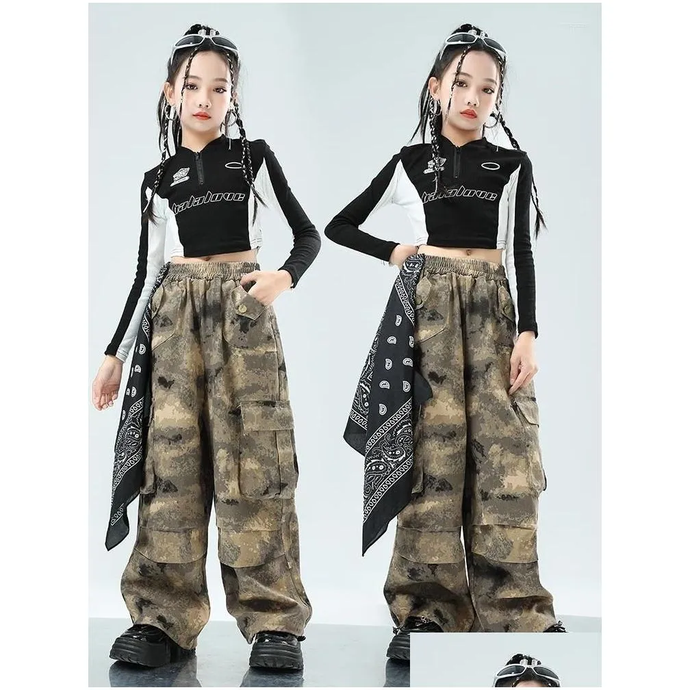 stage wear 2024 kids clothing black crop tops camouflage pants suit for girls jazz dance performance costumes hip hop streetwear
