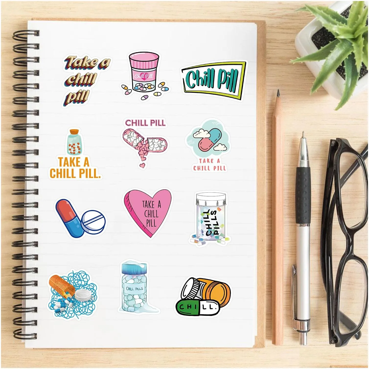 52pcs chill pill stickers non-random for car bike luggage graffiti sticker laptop skateboard motor water bottle snowboard wall decals kids