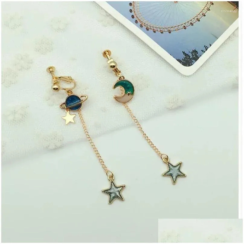 backs earrings high-grade gold color star moon circle clip on for women luxury fashion long chain enamel earth sky no pierced