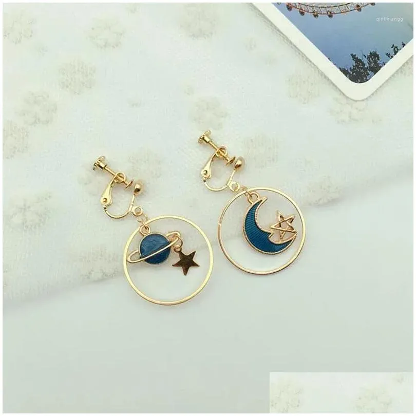 backs earrings high-grade gold color star moon circle clip on for women luxury fashion long chain enamel earth sky no pierced