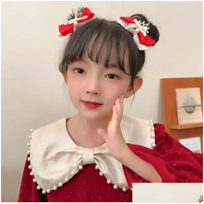 hair accessories chinese year red bow hairpin girl children`s plush bowknot clip headwear hanfu headdress