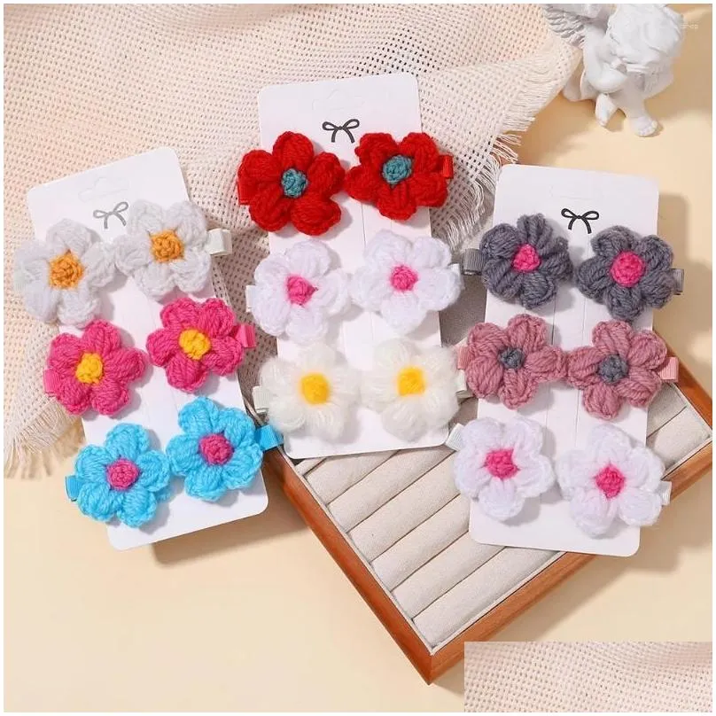 hair accessories 6pcs/set baby girls wool knitting headwear handmade crochet small puff flower safe hairs clips children hairpins
