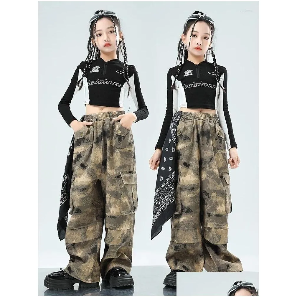 stage wear 2024 kids clothing black crop tops camouflage pants suit for girls jazz dance performance costumes hip hop streetwear